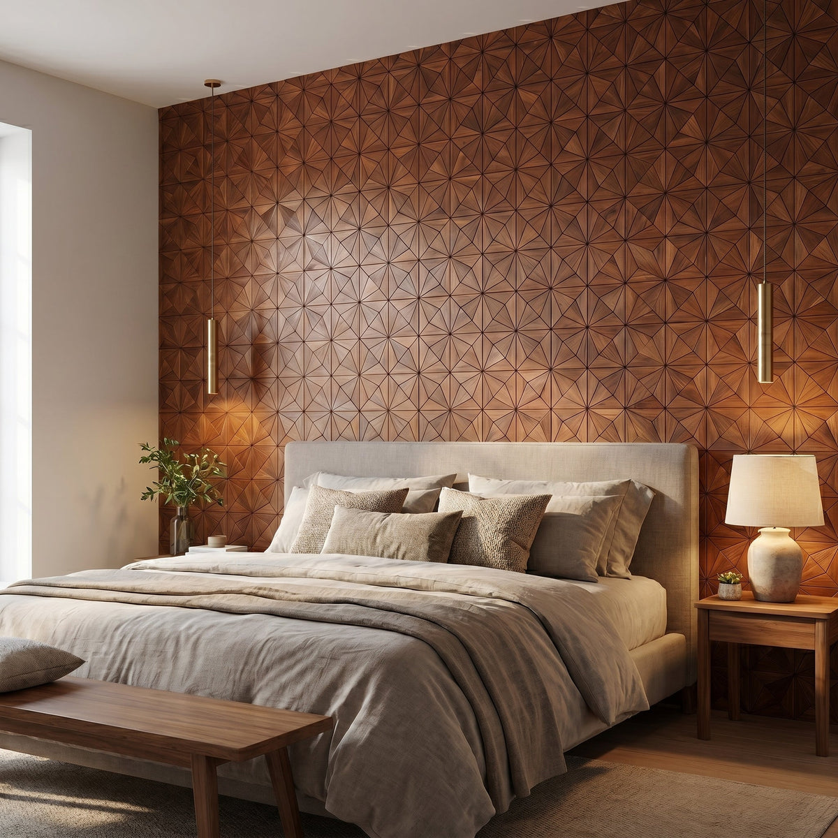 Nolan Brown dekoratives Holz-Wandpaneel hinter dem Bett im Schlafzimmer