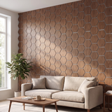 Hexagonpaneel Walnuss mit grauem Filz im Wohnzimmer