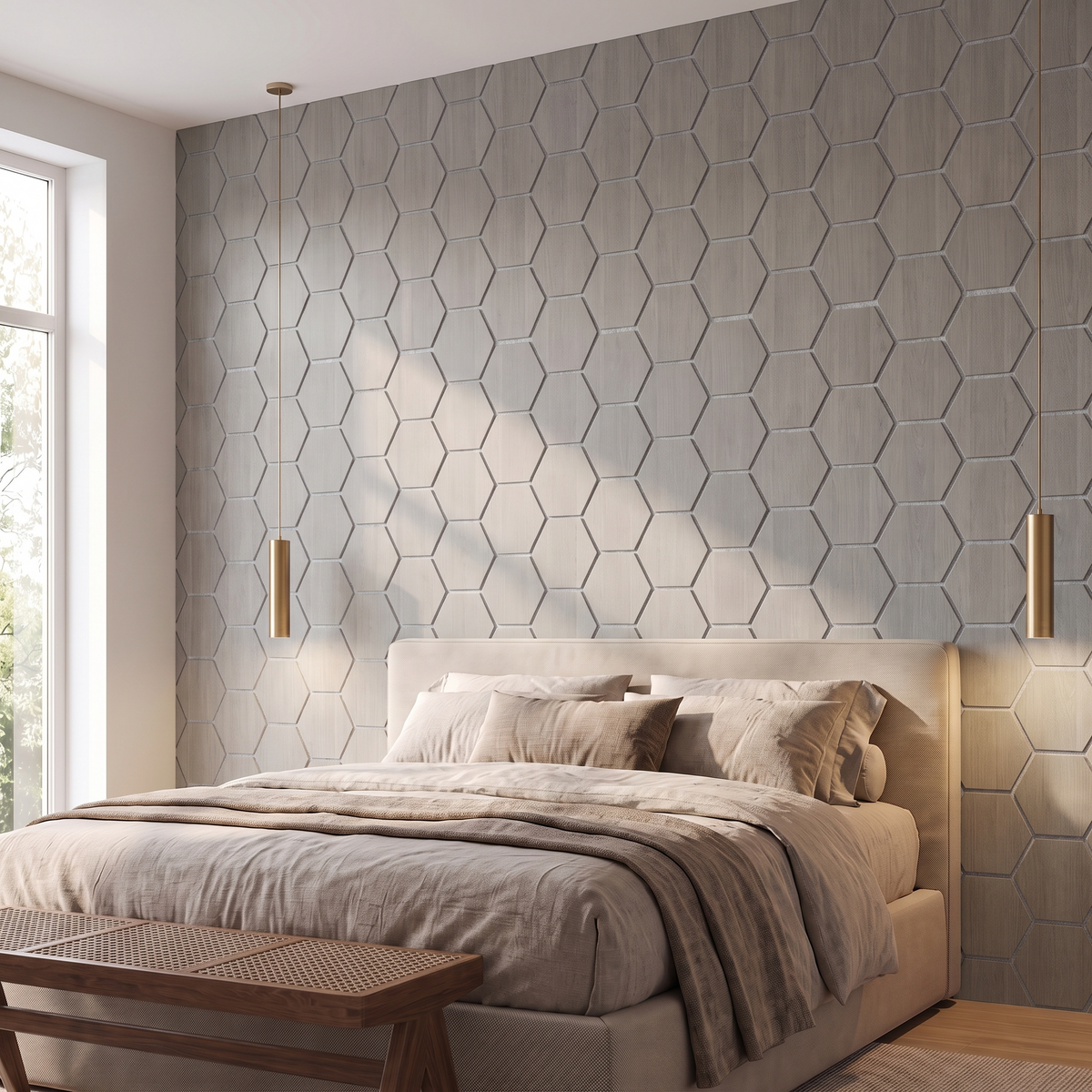 Hexagonpaneel Graue Walnuss mit grauem Filz im Schlafzimmer