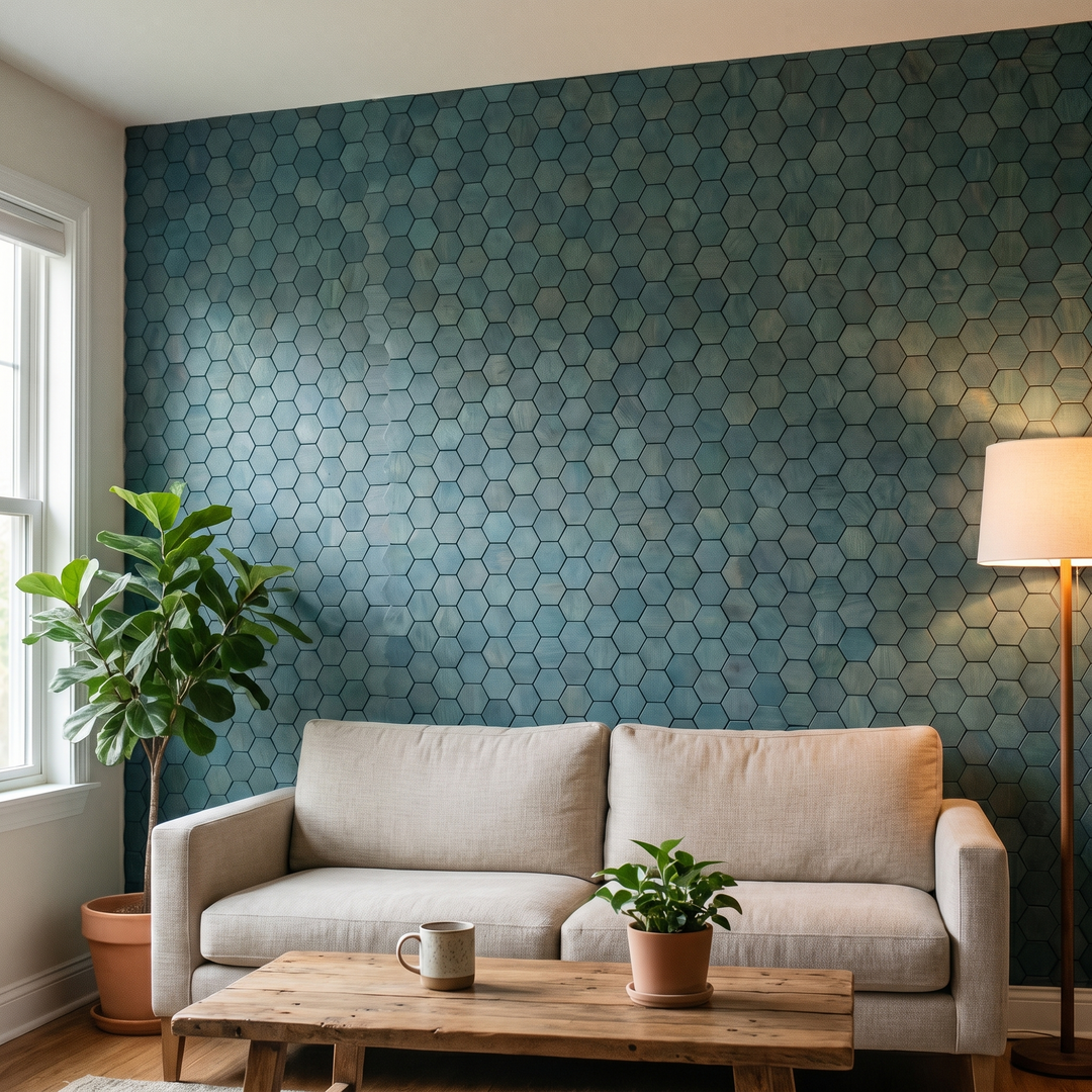 Snowdrop Cadet Blue dekoratives Holz-Wandpaneel im modernen Wohnzimmer