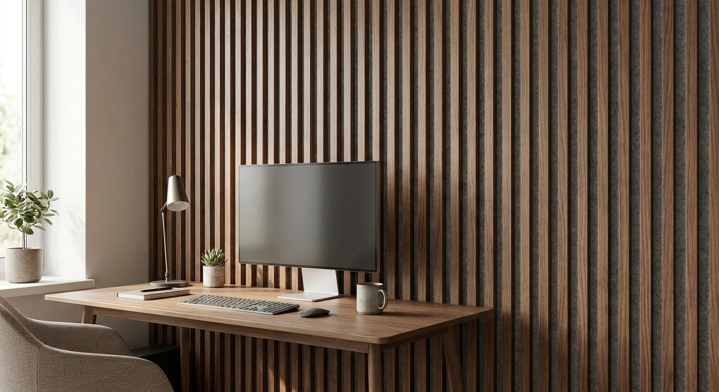Akustikpaneele Walnuss-Grau für modernes Homeoffice