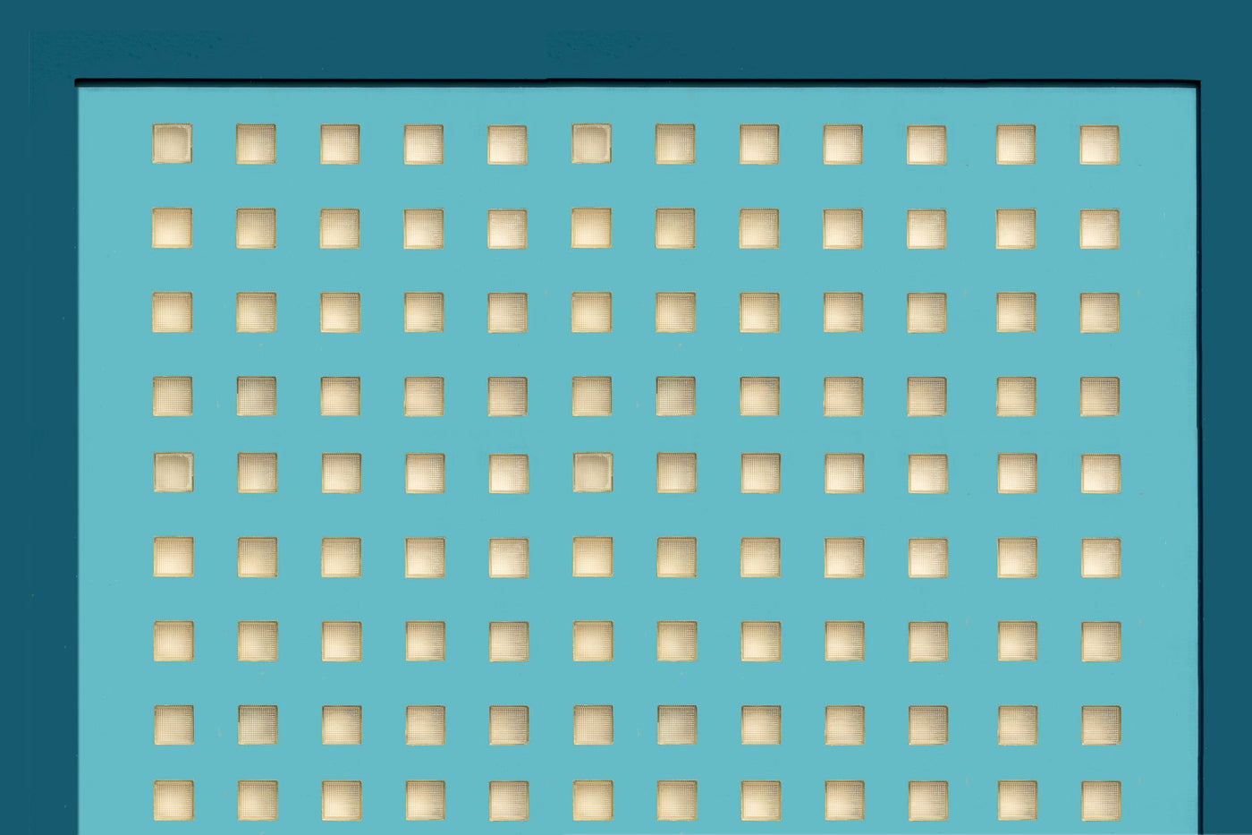 Modern abstract design featuring a blue perforated panel pattern.