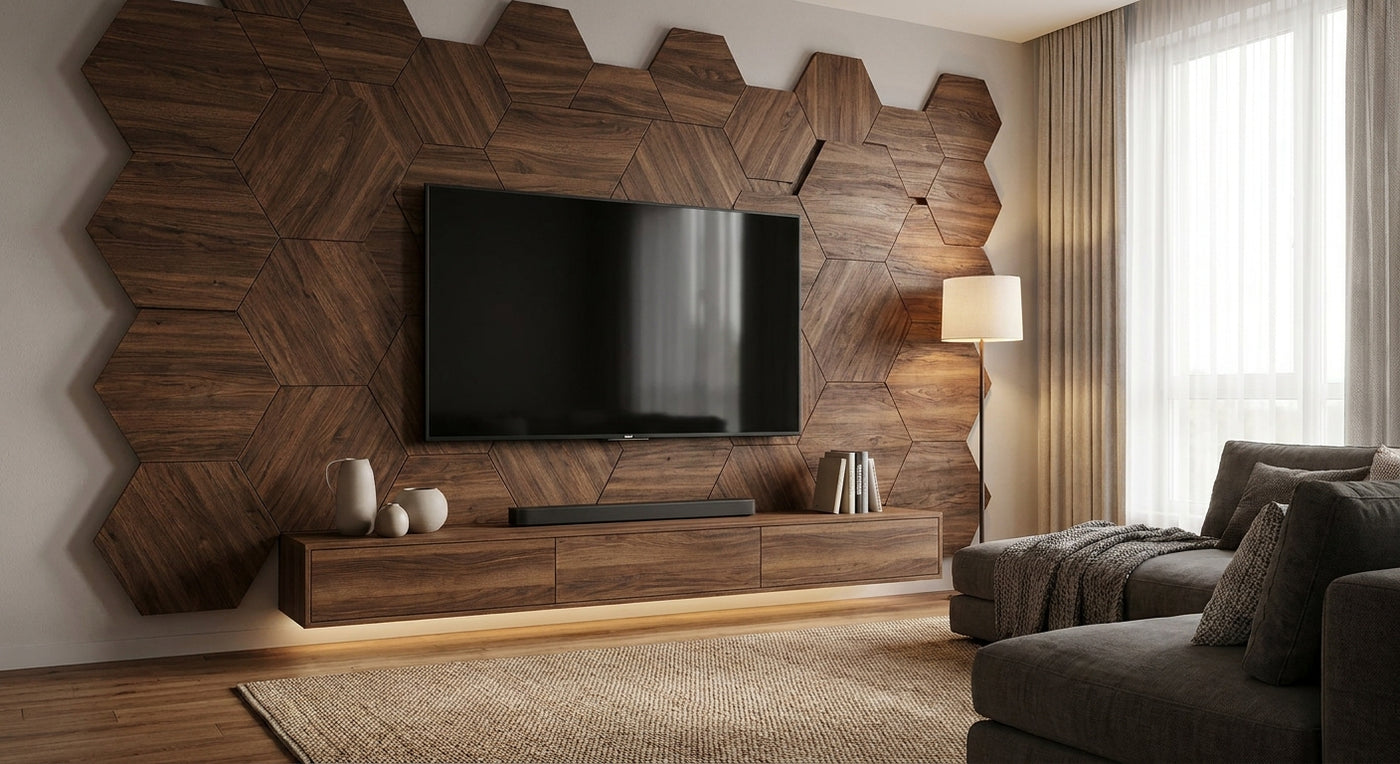 Hexagonpaneele Walnuss für die TV-Wand