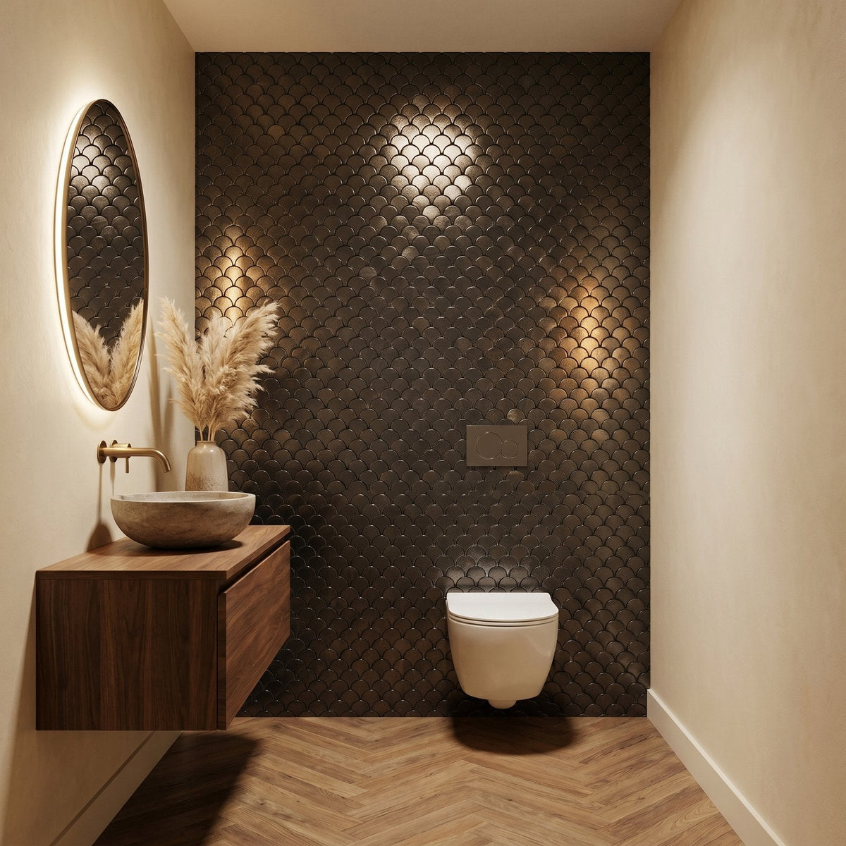Selbstklebende Mosaikfliesen Metall | Fischschuppe 3D Anthrazit | 28,8×29,8 cm | Küche, Bad & WC