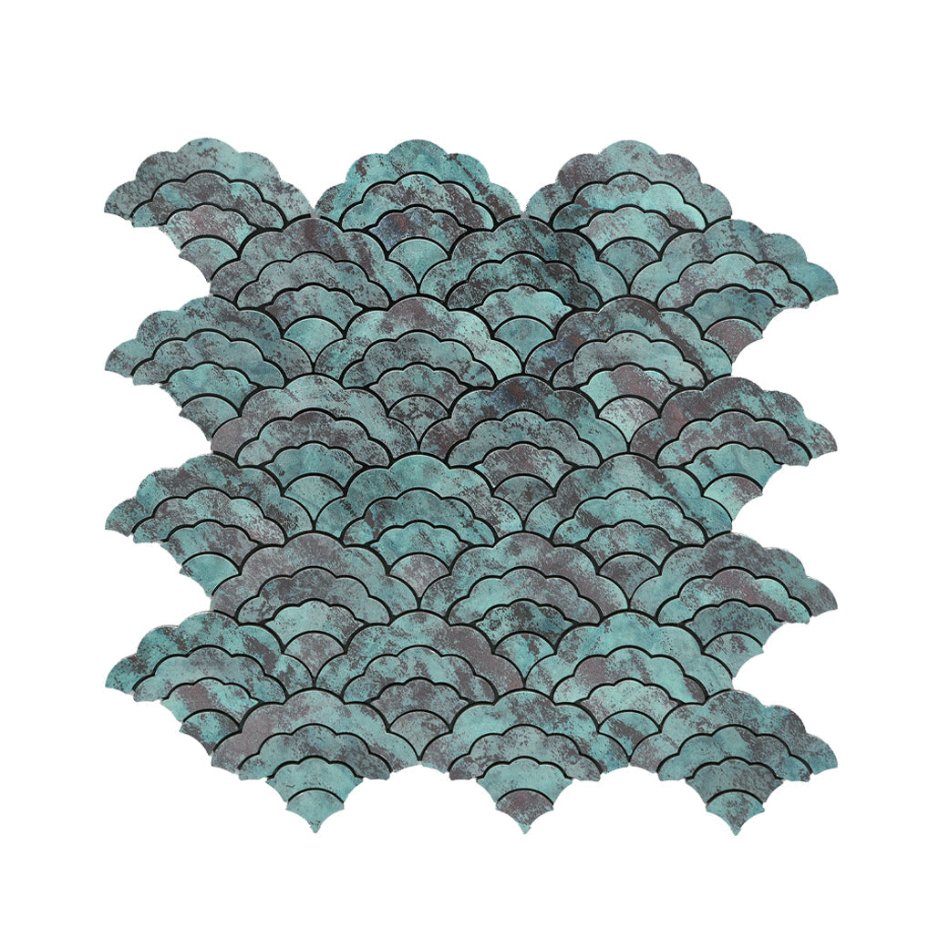 Selbstklebende Mosaikfliesen Metall | Fächer Patina Kupfer | 26,8×28,1 cm | Küche, Bad & WC