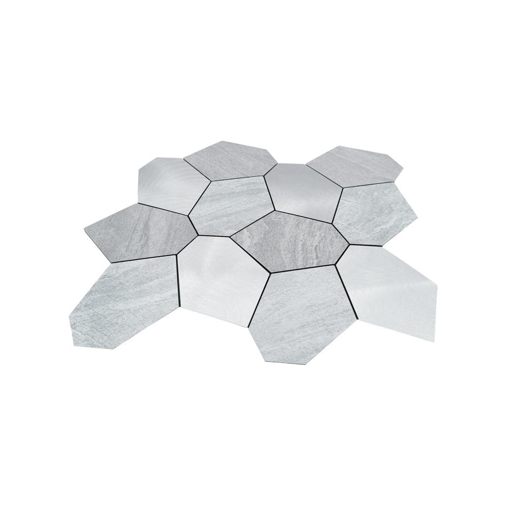 Selbstklebende Mosaikfliesen Metall | Polygon Silber | 30×26,2 cm | Küche, Bad & WC