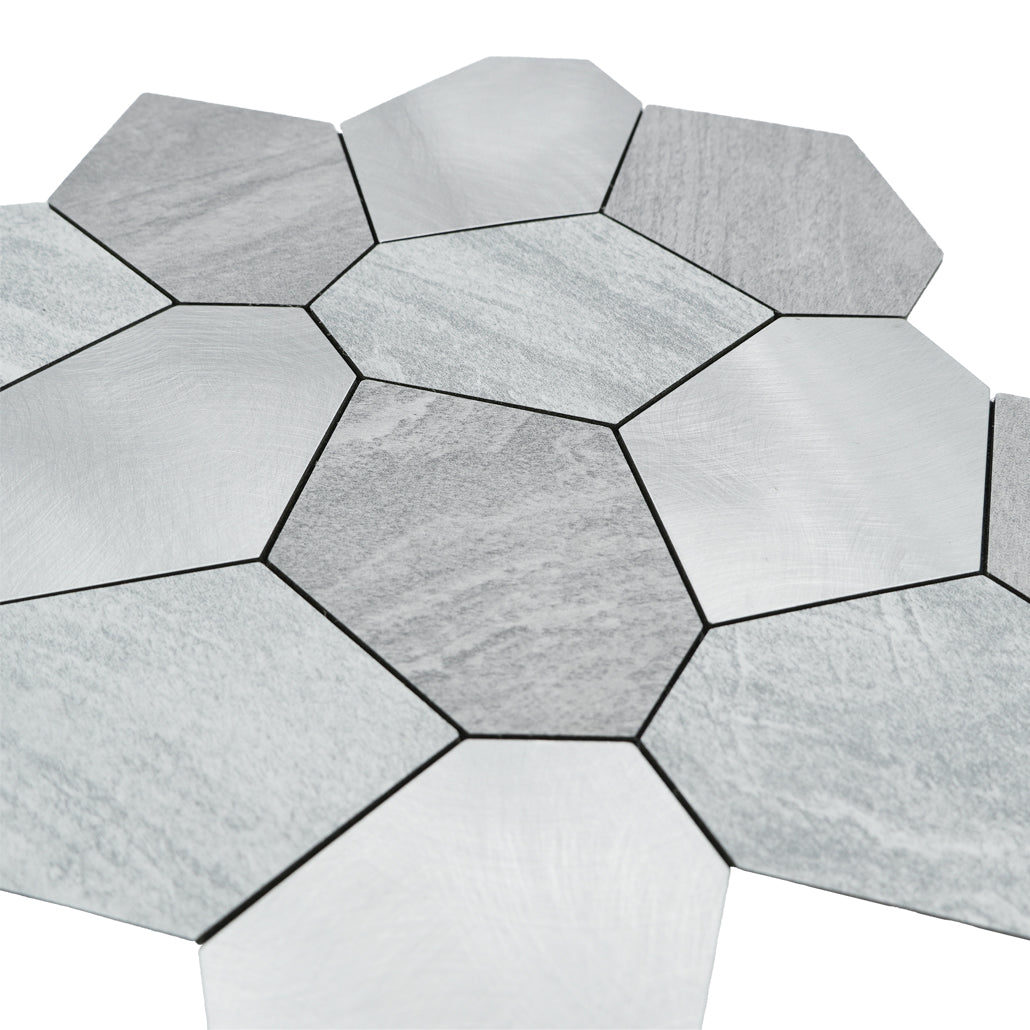 Selbstklebende Mosaikfliesen Metall | Polygon Silber | 30×26,2 cm | Küche, Bad & WC