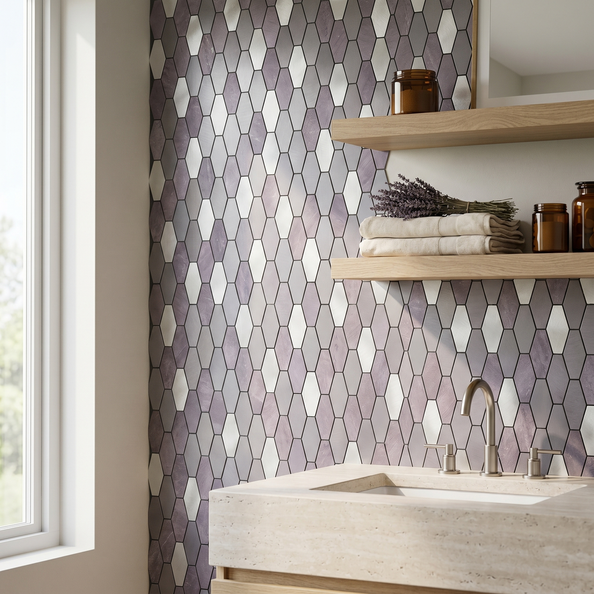 Selbstklebende Mosaikfliesen Metall | Picket Lila | 30×30 cm | Küche, Bad & WC