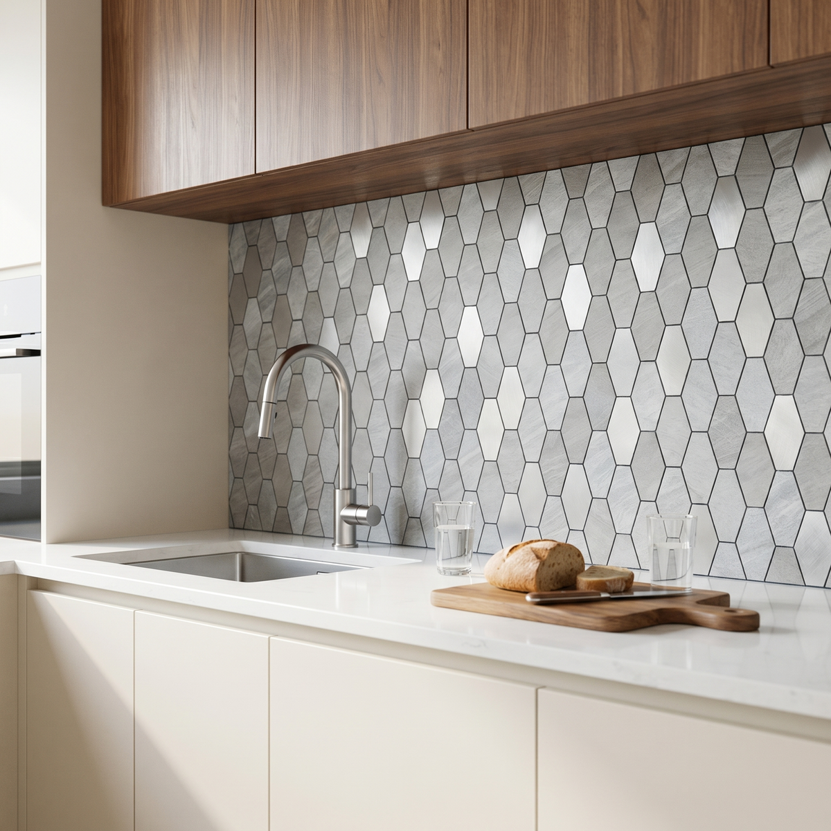 Selbstklebende Mosaikfliesen Metall | Picket Silber | 30×30 cm | Küche, Bad & WC