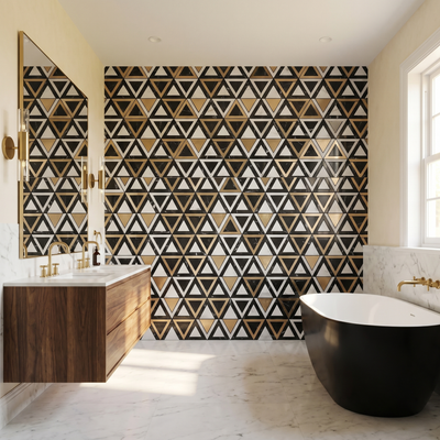Selbstklebende Mosaikfliesen Metall | Dreieck Schwarz Weiß-Gold | 28,7×33,1 cm | Küche, Bad & WC
