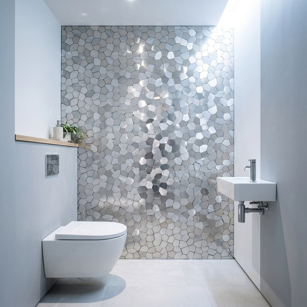 Selbstklebende Mosaikfliesen Metall | Polygon Silber | 30×26,2 cm | Küche, Bad & WC