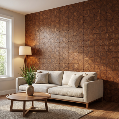 Nolan Brown dekoratives Holz-Wandpaneel im modernen Wohnzimmer
