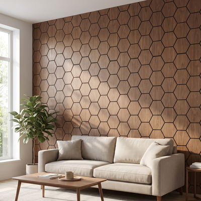 Hexagonpaneel Walnuss im Wohnzimmer