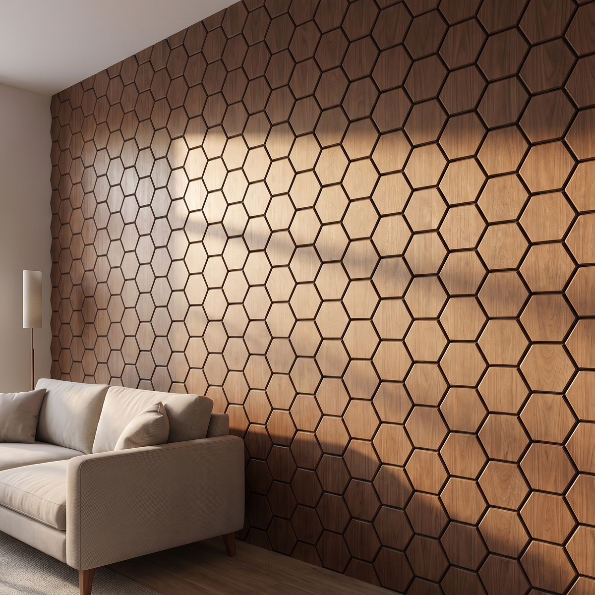 Hexagonpaneel Walnuss Seitenansicht 3D-Tiefe