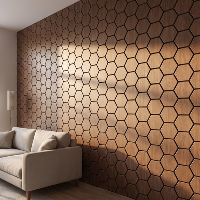 Hexagonpaneel Walnuss Seitenansicht 3D-Tiefe