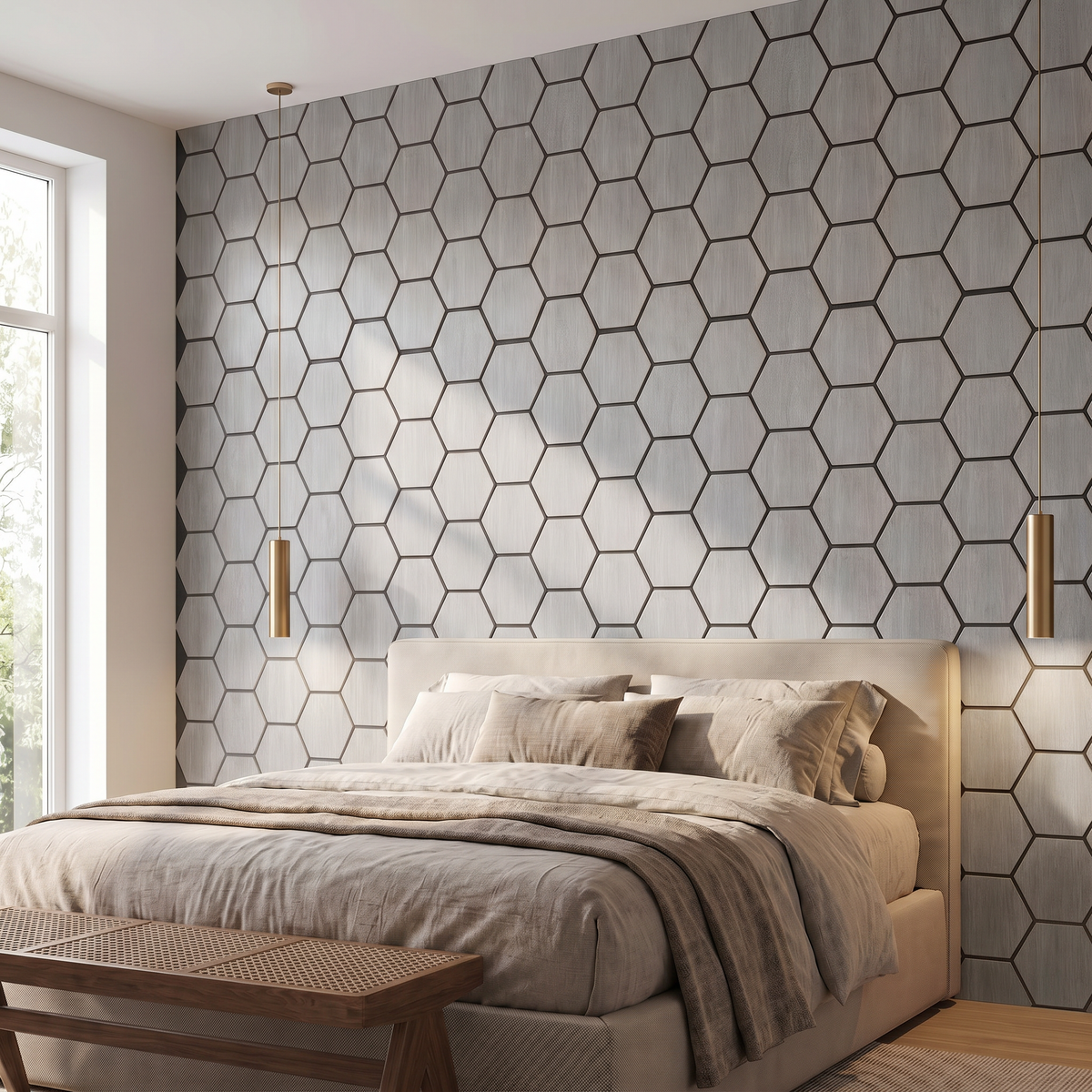 Hexagonpaneel Graue Walnuss im Schlafzimmer