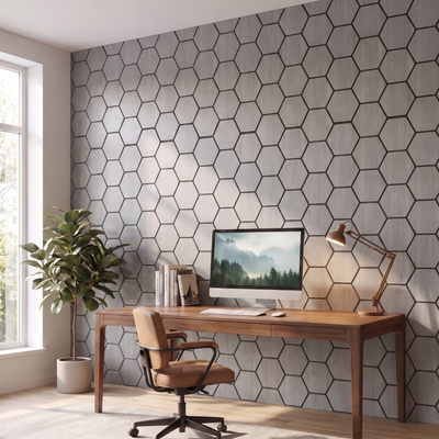 Hexagonpaneel Graue Walnuss im Homeoffice