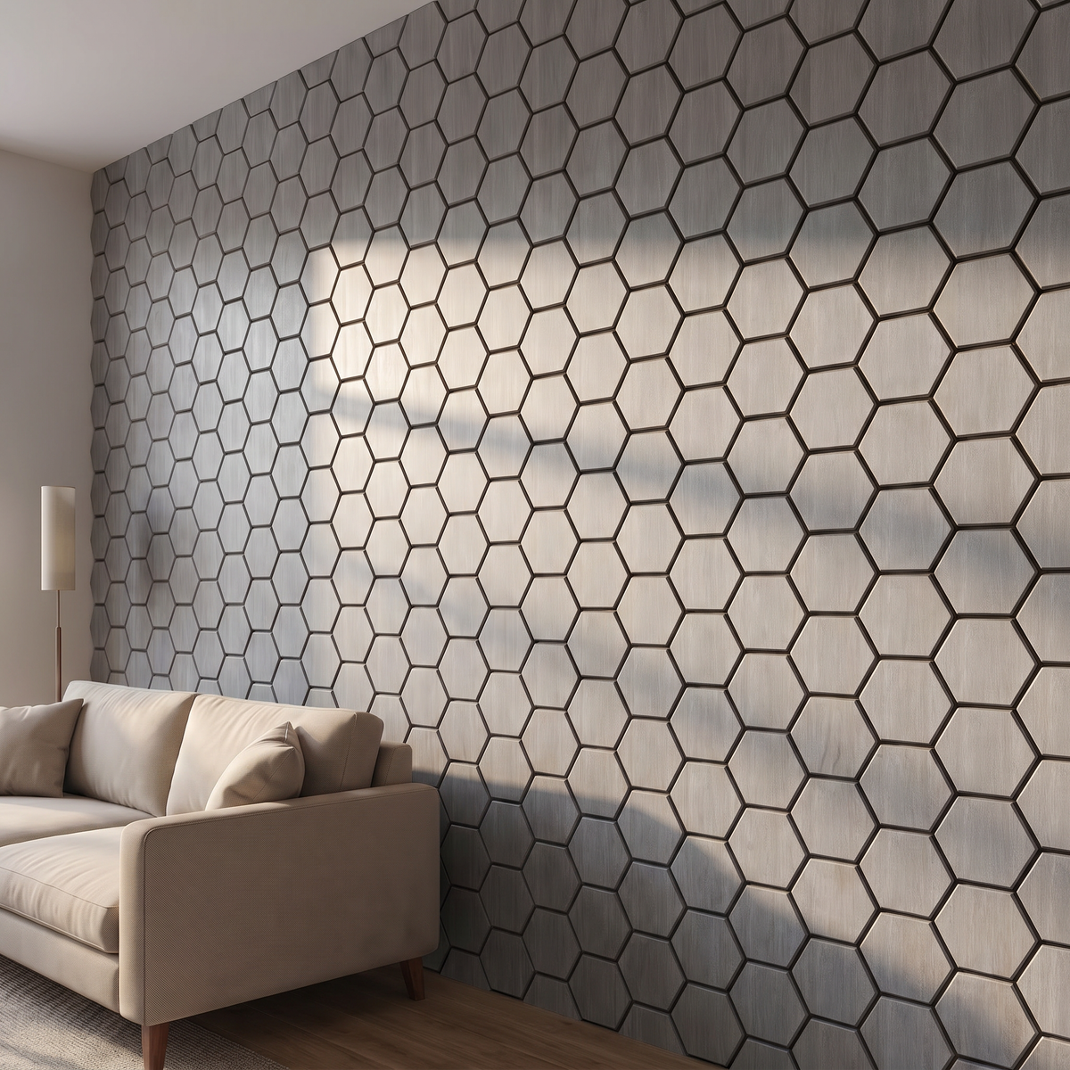 Hexagonpaneel Graue Walnuss Seitenansicht 3D-Tiefe