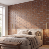 Hexagonpaneel Walnuss mit grauem Filz im Schlafzimmer