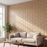 Hexagonpaneel Natur Eiche mit grauem Filz im Wohnzimmer