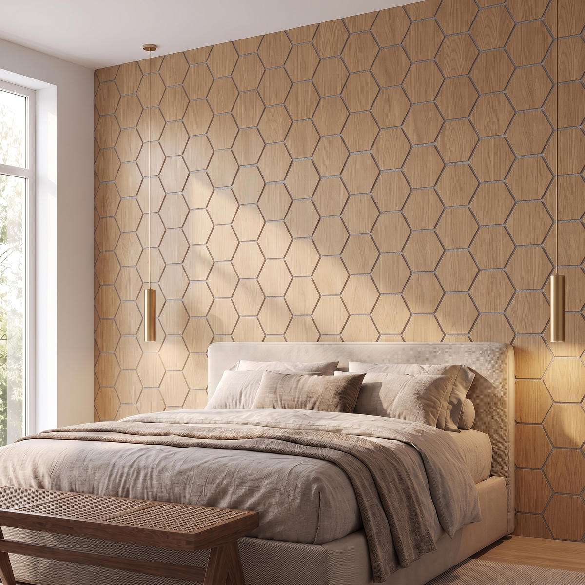 Hexagonpaneel Natur Eiche mit grauem Filz im Schlafzimmer