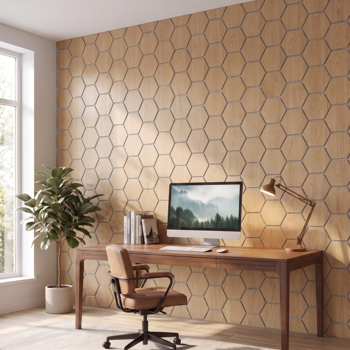 Hexagonpaneel Natur Eiche mit grauem Filz im Homeoffice