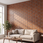Hexagonpaneel Geräucherte Eiche mit grauem Filz im Wohnzimmer