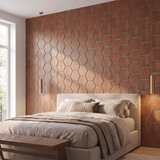 Hexagonpaneel Geräucherte Eiche mit grauem Filz im Schlafzimmer