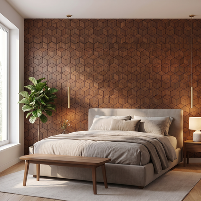 Lobelia Smoked Brown dekoratives Holz-Wandpaneel hinter dem Bett im Schlafzimmer