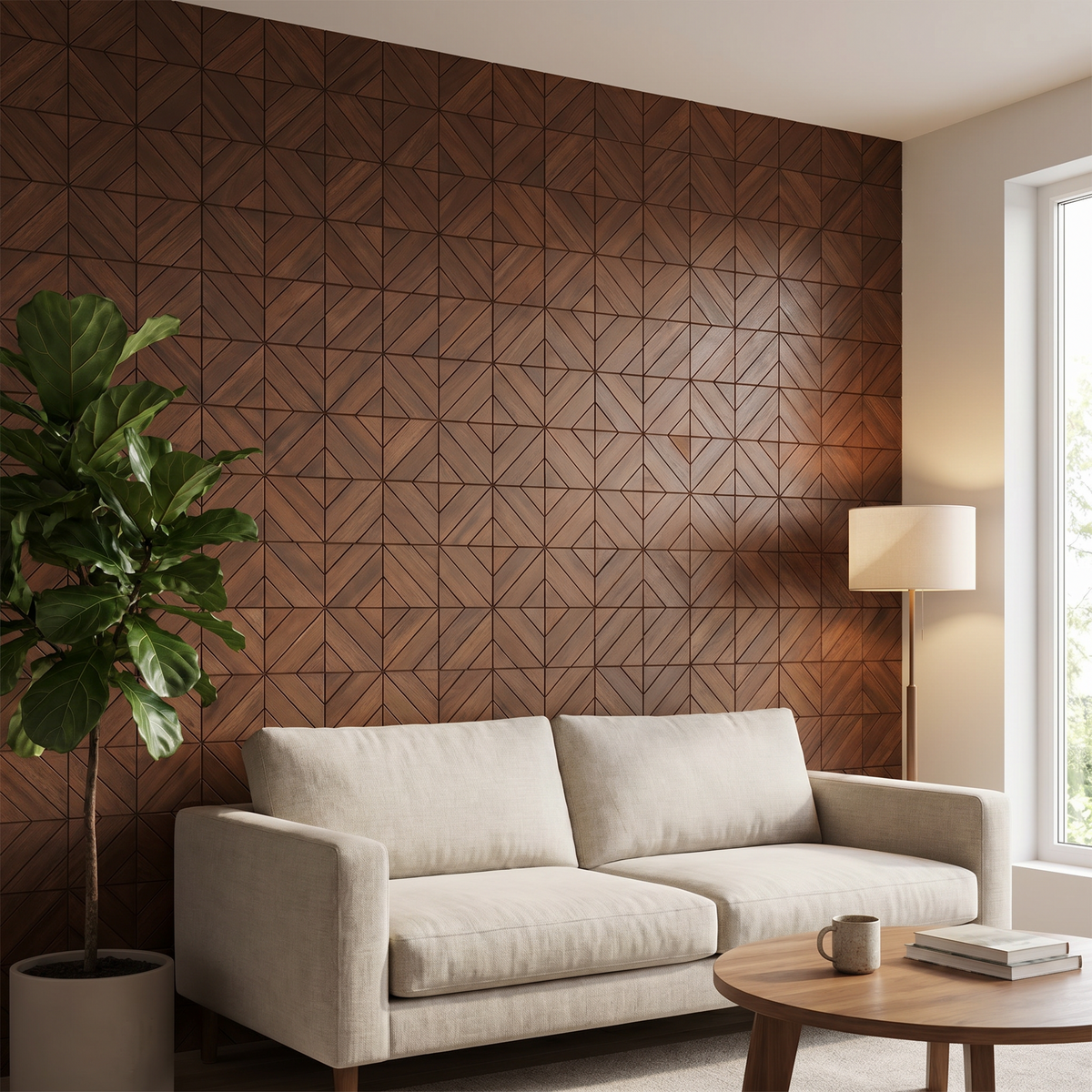Clover Smoked Brown dekoratives Holz-Wandpaneel im modernen Wohnzimmer