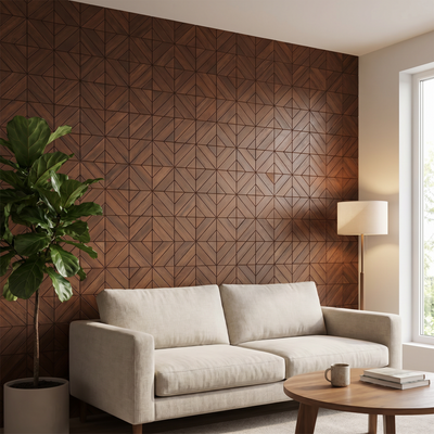 Clover Smoked Brown dekoratives Holz-Wandpaneel im modernen Wohnzimmer