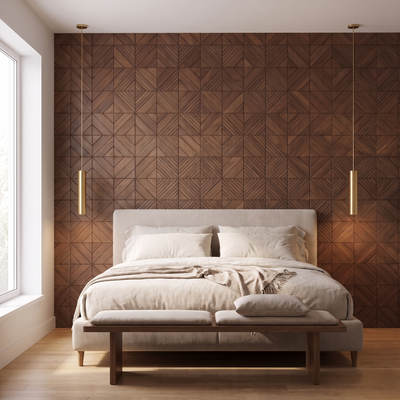 Clover Brown dekoratives Holz-Wandpaneel hinter dem Bett im Schlafzimmer